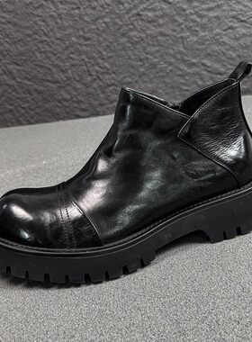 美式高街切尔西靴真皮牛皮暗黑大头德比鞋冬季新款男士皮靴马丁靴