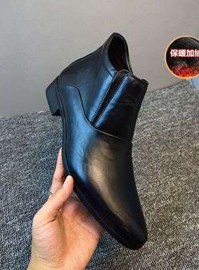 冬季新款真皮牛皮马丁靴商务高帮尖头皮鞋切尔西靴加绒保暖短靴男