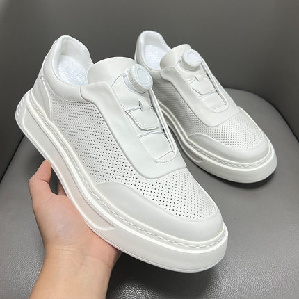 2025新款夏季镂空打孔真皮板鞋男一脚蹬男士小白鞋透气休闲鞋男鞋