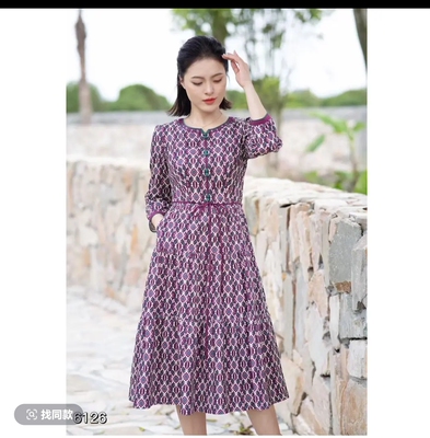 商场同款中国风全棉印花圆领刺绣收腰显瘦长袖春秋连衣裙6126