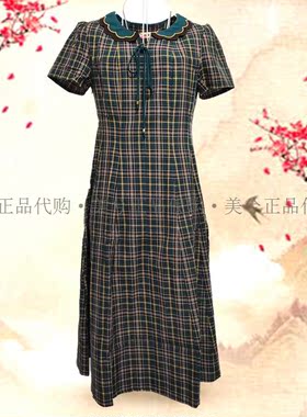 夏季新款连衣裙纯棉格子短袖套头圆领抽绳收腰大摆长裙7468