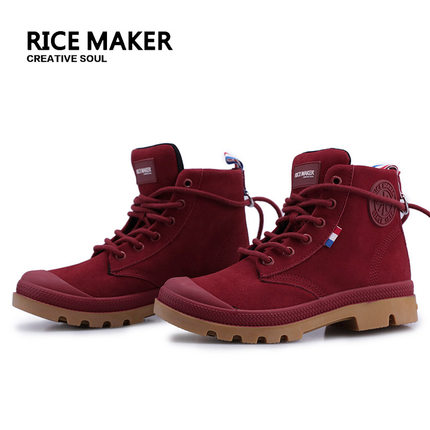 热米RICE MAKER精品返绒牛皮经典绑带高帮潮鞋帅气男鞋个性酒红