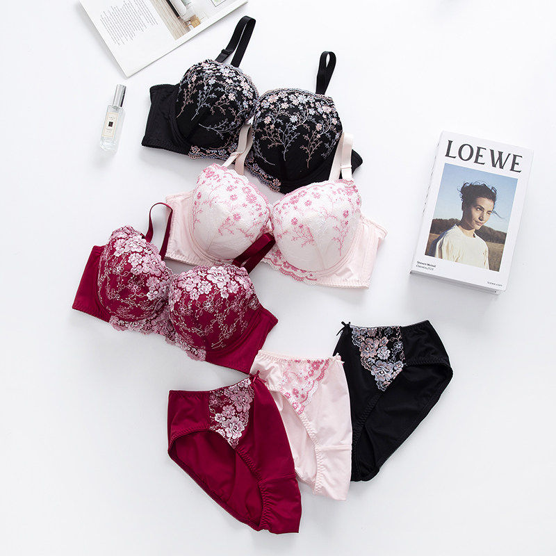 EFGHI定制大码蕾丝文胸胖mm刺绣日单200斤套装大罩杯薄棉内衣聚拢
