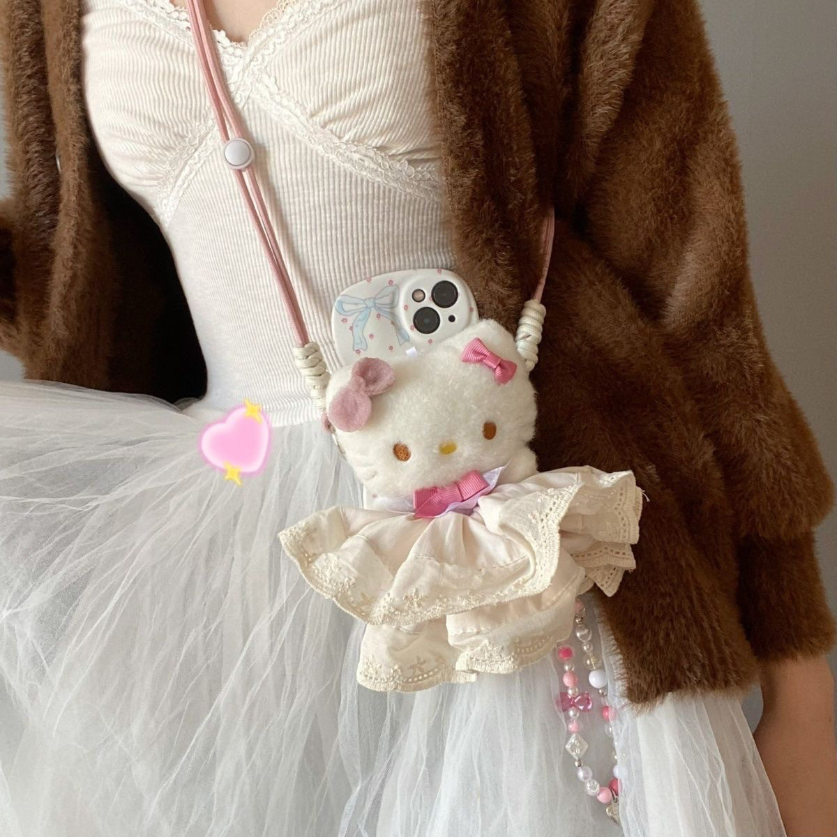 请跟我结婚～婚纱kitty可爱裙裙手机背夹 凯蒂猫斜挎手机毛绒挂件