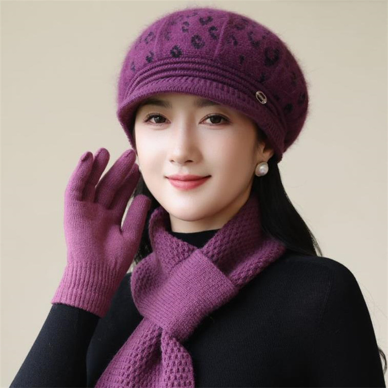 冬季帽子围巾两件套女毛线帽老人妈妈保暖护耳加绒加厚老太太针织