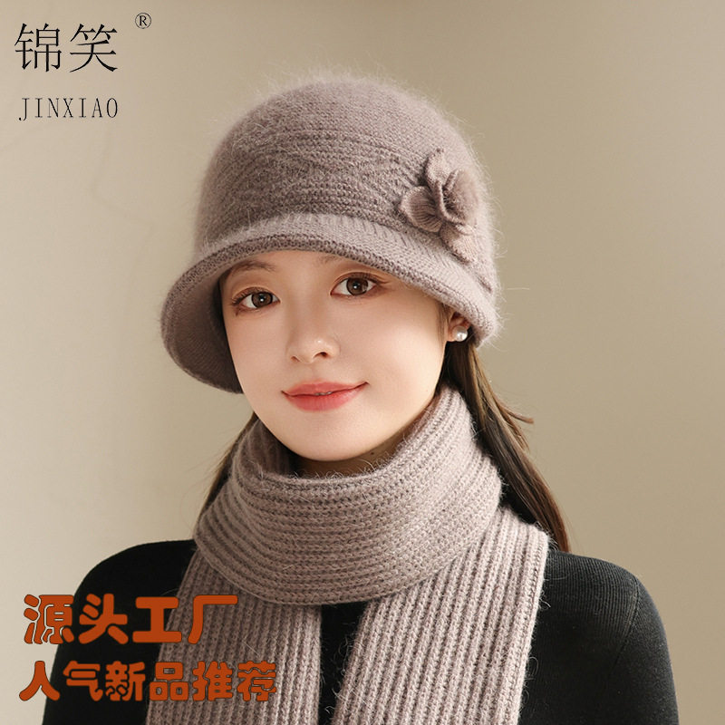 冬季兔毛针织盆帽女时尚花朵中年妈妈毛线帽秋冬保暖帽子围巾套装
