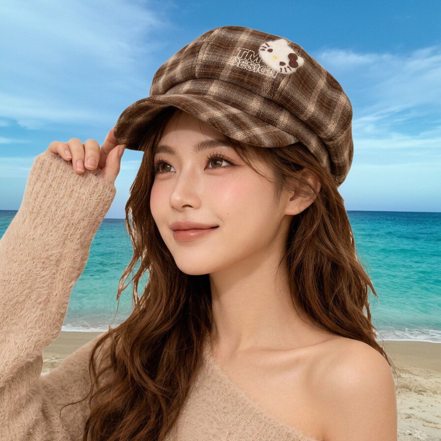 韩版格纹八角帽秋天女大头围贝雷帽显脸小报童帽韩里韩气的帽子