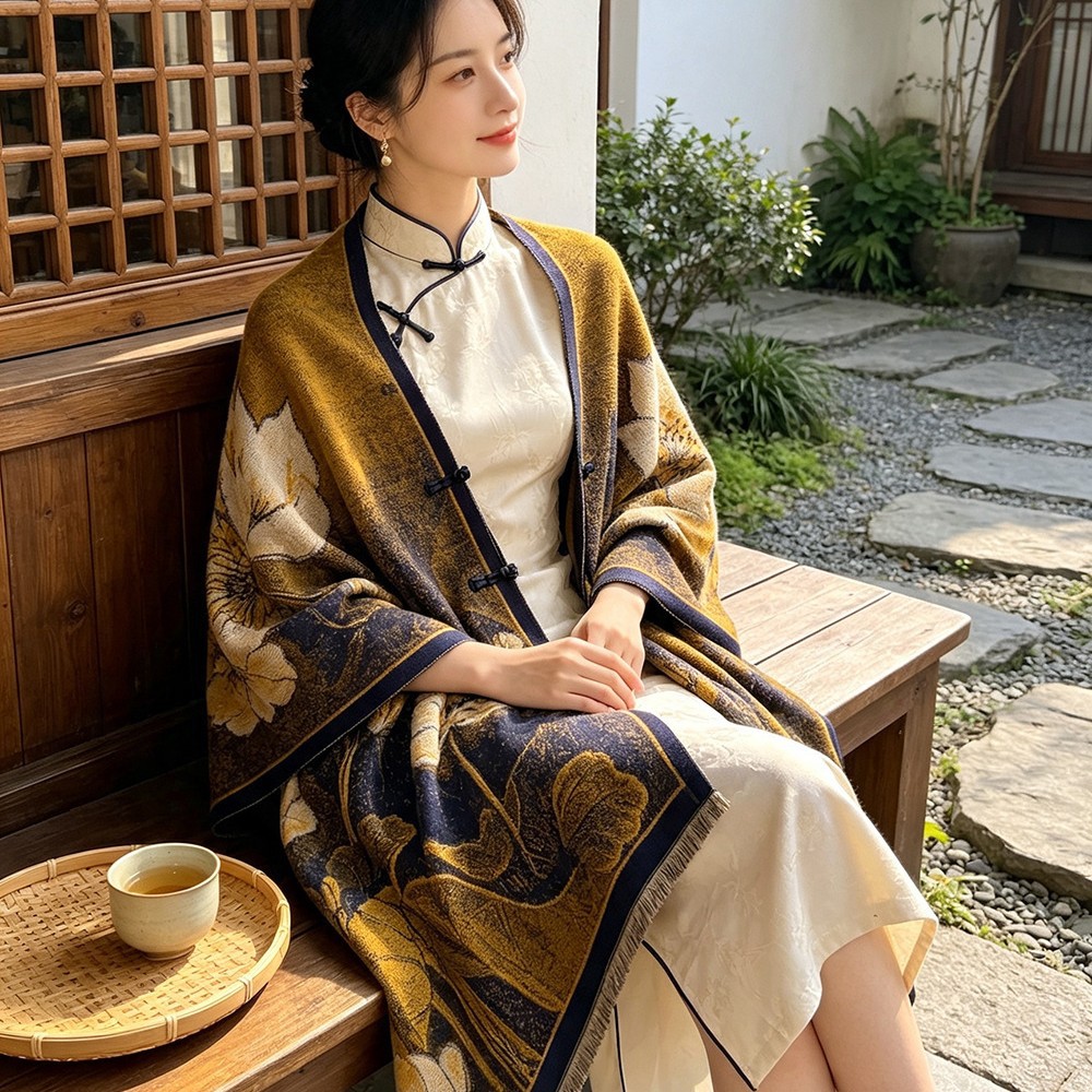 新中式印花气质油画盘扣披肩女士优雅百搭旗袍披风外搭轻奢高级感