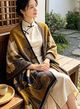 新中式印花气质油画盘扣披肩女士优雅百搭旗袍披风外搭轻奢高级感
