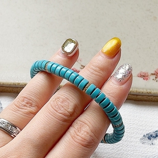 星汉 天然湖北绿松石直切珠配18K金隔片归圆手串手链 简约大气款