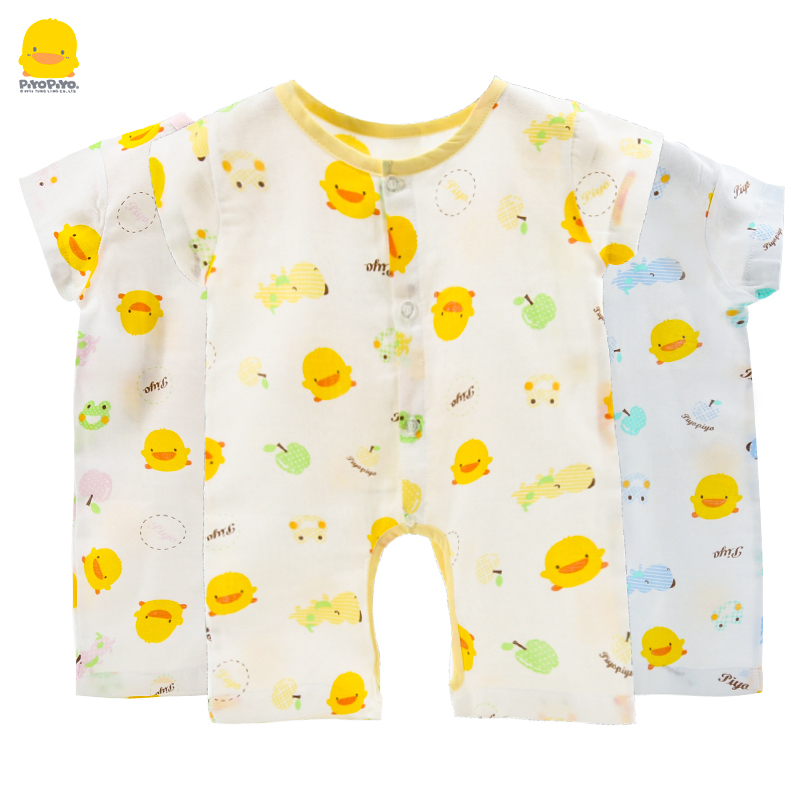黄色小鸭婴儿短袖连体衣纱布哈衣