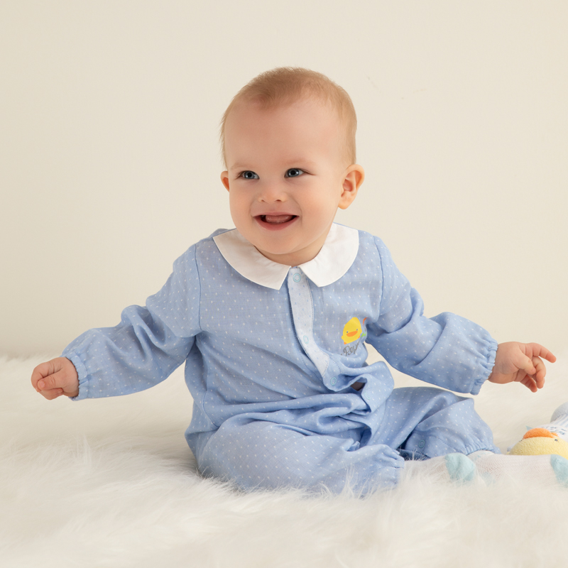黄色小鸭婴儿连体衣纯棉纱布衣男女宝宝春夏秋长袖哈衣睡袋两用装