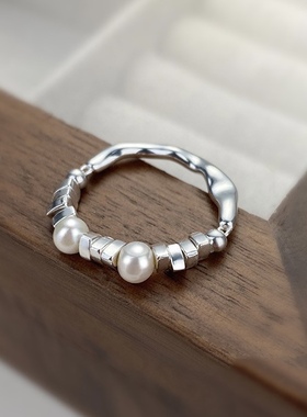 925纯银珍珠戒指开口戒指ins风