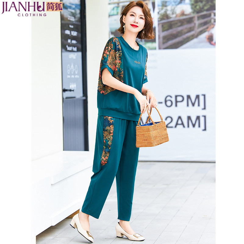 年轻妈妈夏装短袖T恤中年女洋气雪纺上衣中老年气质休闲运动套装