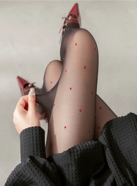 春夏新款包芯丝波点提花丝袜纯欲风红色小圆点爱心显瘦百搭打底