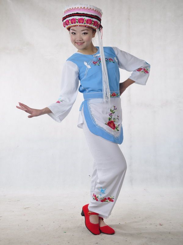 云南大理少数民族白族女装/葫芦丝舞台演出服饰/舞蹈表演服装兰色