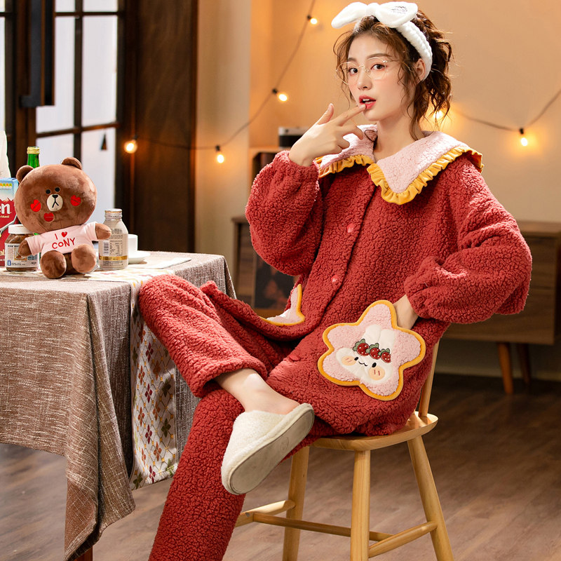 珊瑚绒睡衣女秋冬季加绒加厚可爱卡通家居服法兰绒保暖春秋款套装