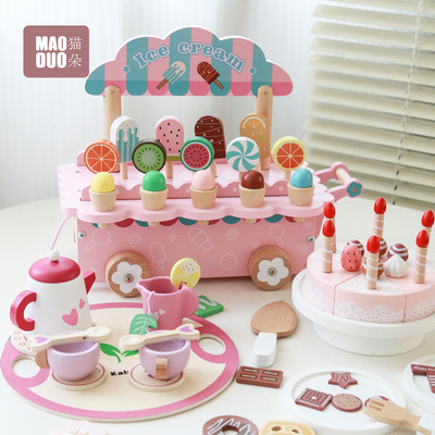 粉色过家家冰淇淋车主题过家家玩具儿童女孩手工木质生日蛋糕女BQ