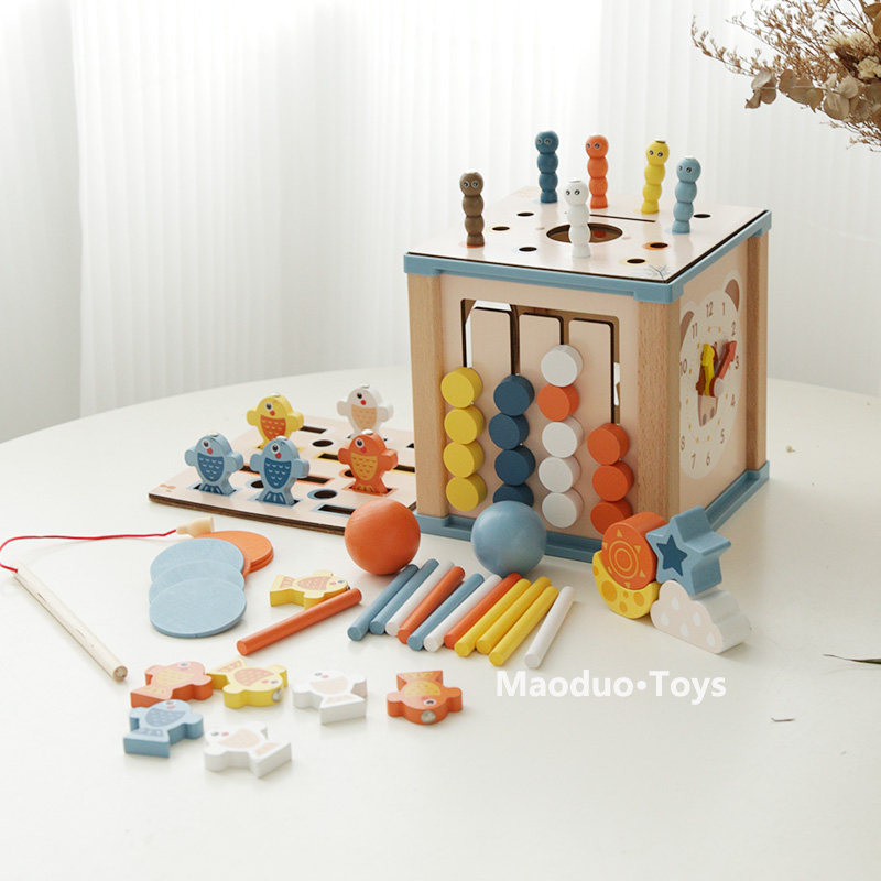蒙氏早教智力盒儿童忙碌盒钓鱼抓虫启蒙多功能百宝箱木制玩具新MY