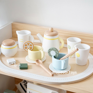 儿童木制仿真过家家甜品糕点下午茶玩具套装带托盘茶具家家酒女LB
