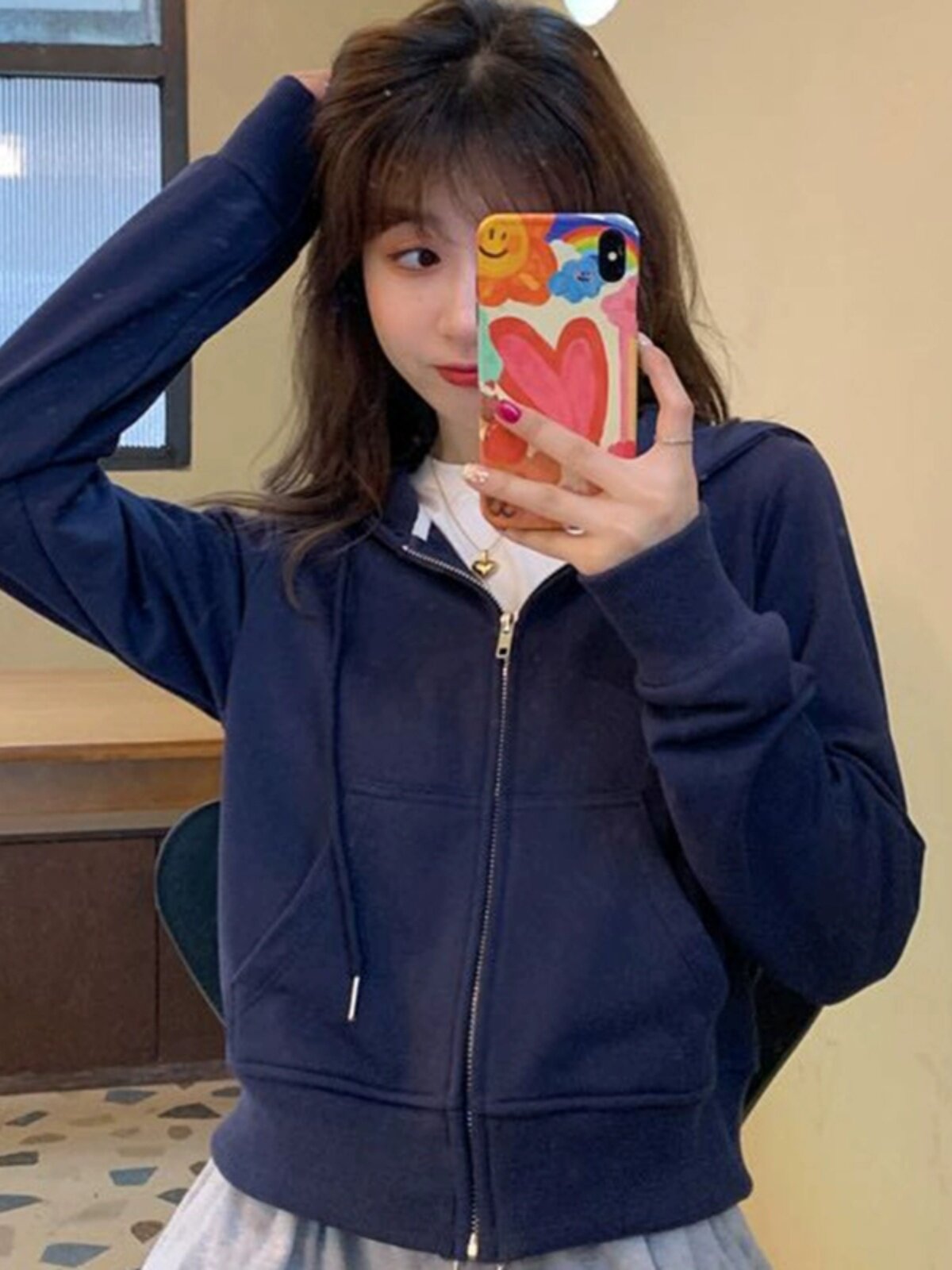 高端韩版宽松蓝色短款休闲卫衣女秋款小个子运动风不加绒开衫外套
