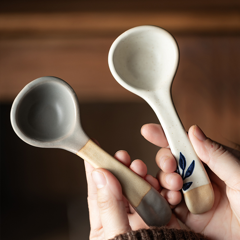 手绘粗陶工艺陶瓷勺创意弯勺吃饭碗勺汤勺家用小号喝汤勺子调羹