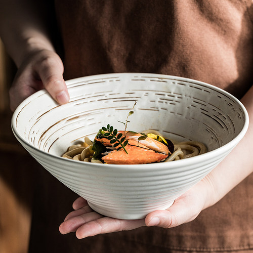 高级感拉面碗白色创意斗笠碗汤面碗单个陶瓷碗商用牛肉粉馄饨面碗