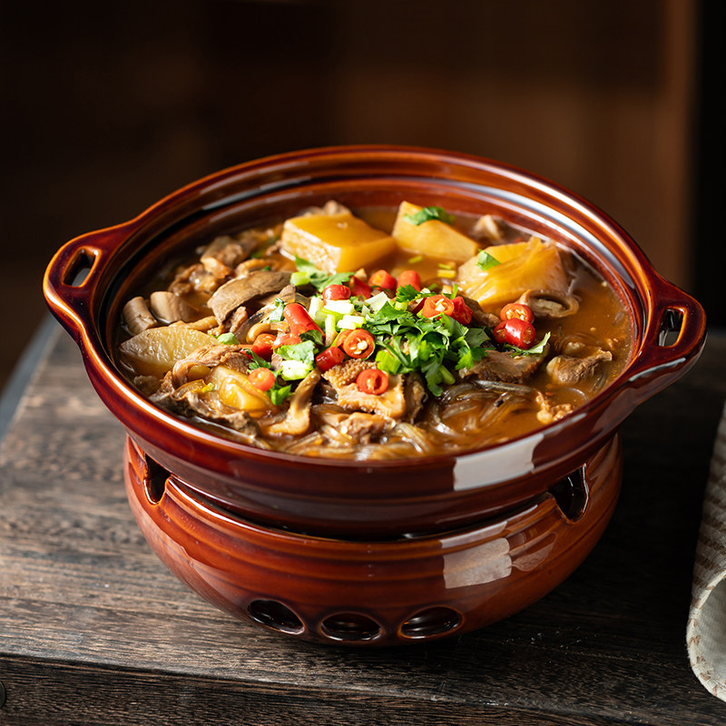 双耳锅炉套装牛杂煲麻辣烫汤盘创意商用高颜值陶瓷带炉加热盘菜盘