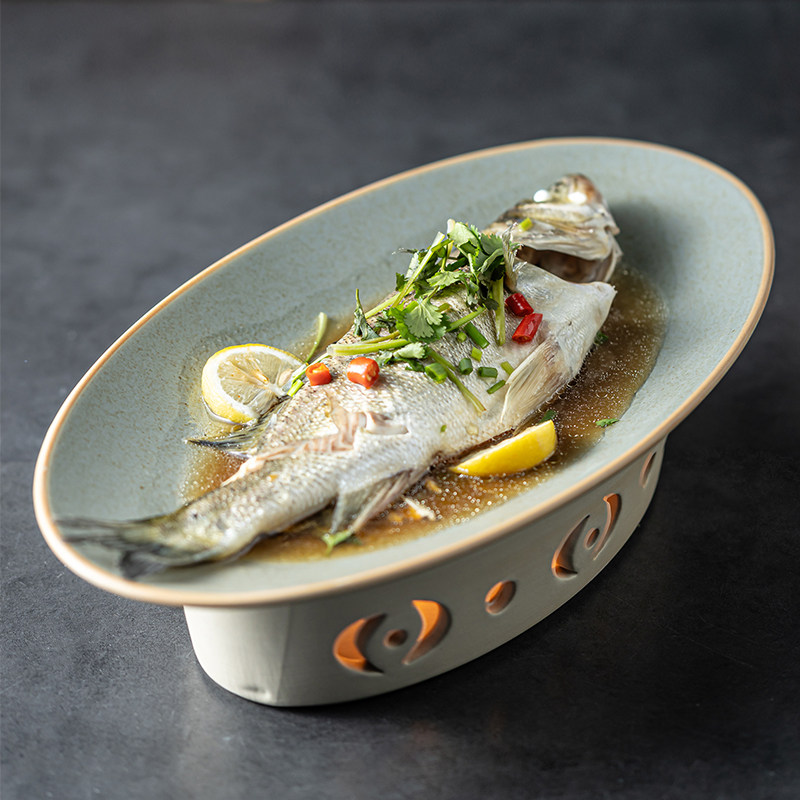 高级感鱼盘加热盘创意带加热炉海鲜盘蒸鱼盘子鱼肉盘商用位上餐具
