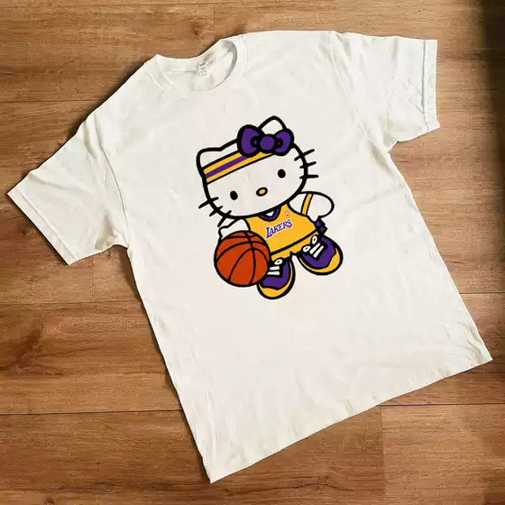 Lakers Fans, Hello Kt Trendy Style 230g Heavyweight Cotton Wide-Neck Non-Deforming Pure Cotton Short-Sleeve T-Shirt