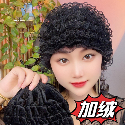 蕾丝护耳女士帽子秋冬保暖加绒2025新款时尚洋气妈妈遮白发包头帽