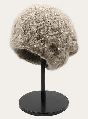 手工双层保暖针织帽时尚珍珠头套护耳包头帽堆堆帽妈妈冬季帽子女