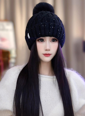 毛球针织毛线帽女秋冬保暖2025新款时尚洋气加厚防寒帽子女包头帽