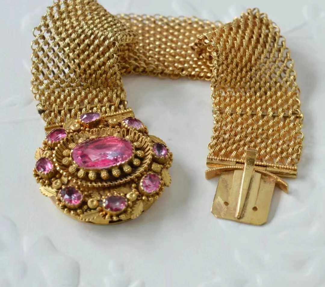欧洲回流古董珠宝乔治时期格鲁吉亚18k金手链粉色托帕石收藏精品