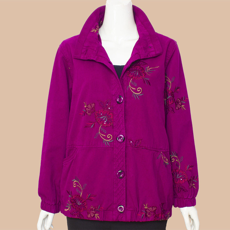 中老年女装纯棉外套女2021年春秋新款大码妈妈装绣花夹克老人风衣 - 厨依时尚出品