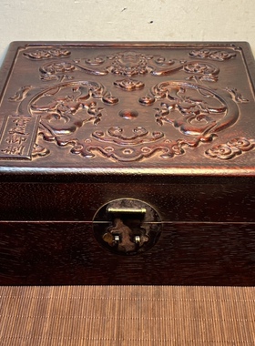 旧藏实木盒子花梨木雕刻二龙戏珠首饰盒子茶饼收纳盒23x23x10.5cm