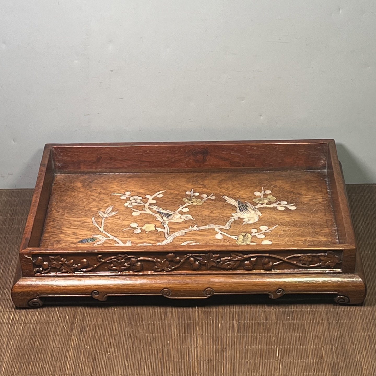 仿古花梨木茶盘镶贝壳实木雕刻茶盘茶具收纳盘托盘约39*25*7.5cm