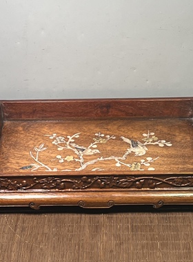 仿古花梨木茶盘镶贝壳实木雕刻茶盘茶具收纳盘托盘约39*25*7.5cm