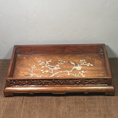 仿古花梨木茶盘镶贝壳实木雕刻茶盘茶具收纳盘托盘约39*25*7.5cm