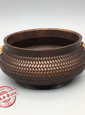 仿古纯铜编织纹双兽耳香炉摆件家居装饰品铜炉香炉收藏家用熏香炉