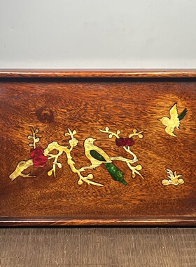 仿古草花梨木镶铜角贝壳雕刻茶盘茶具收纳盘长35厘米宽23厘米高3