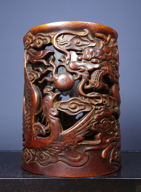 珍藏精雕摆件龙凤呈祥笔筒仿古收藏文房四宝用品根雕实竹子笔筒