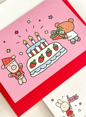 韩国正品OKIKI 生日蛋糕祝福祝贺折叠明信片卡片信封套装POSTCARD