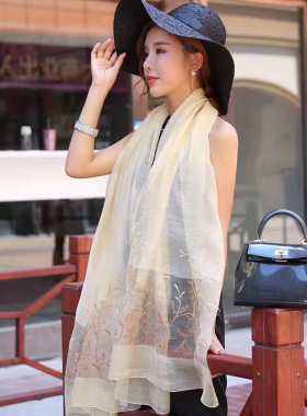 高档刺绣真丝丝巾春秋薄款桑蚕丝外搭旗袍披肩围巾长款女冬季保暖
