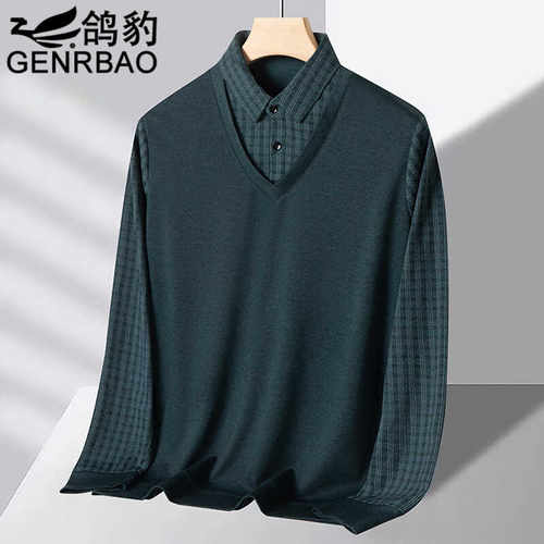 鸽豹长袖爸爸装薄款假两件T恤