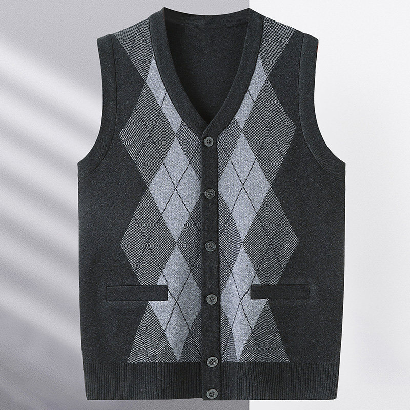 아빠 양모 조끼 남자 조끼 민소매 스웨터 중노년 가을 겨울 버튼 다운 가디건 스웨터