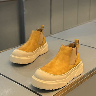 高帮男鞋冬季一脚蹬切尔西皮鞋户外休闲防滑厚底中帮大黄马丁皮靴