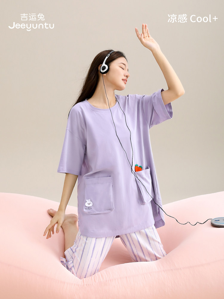 睡衣女夏季纯棉短袖七分裤可外穿睡衣/家居服套装