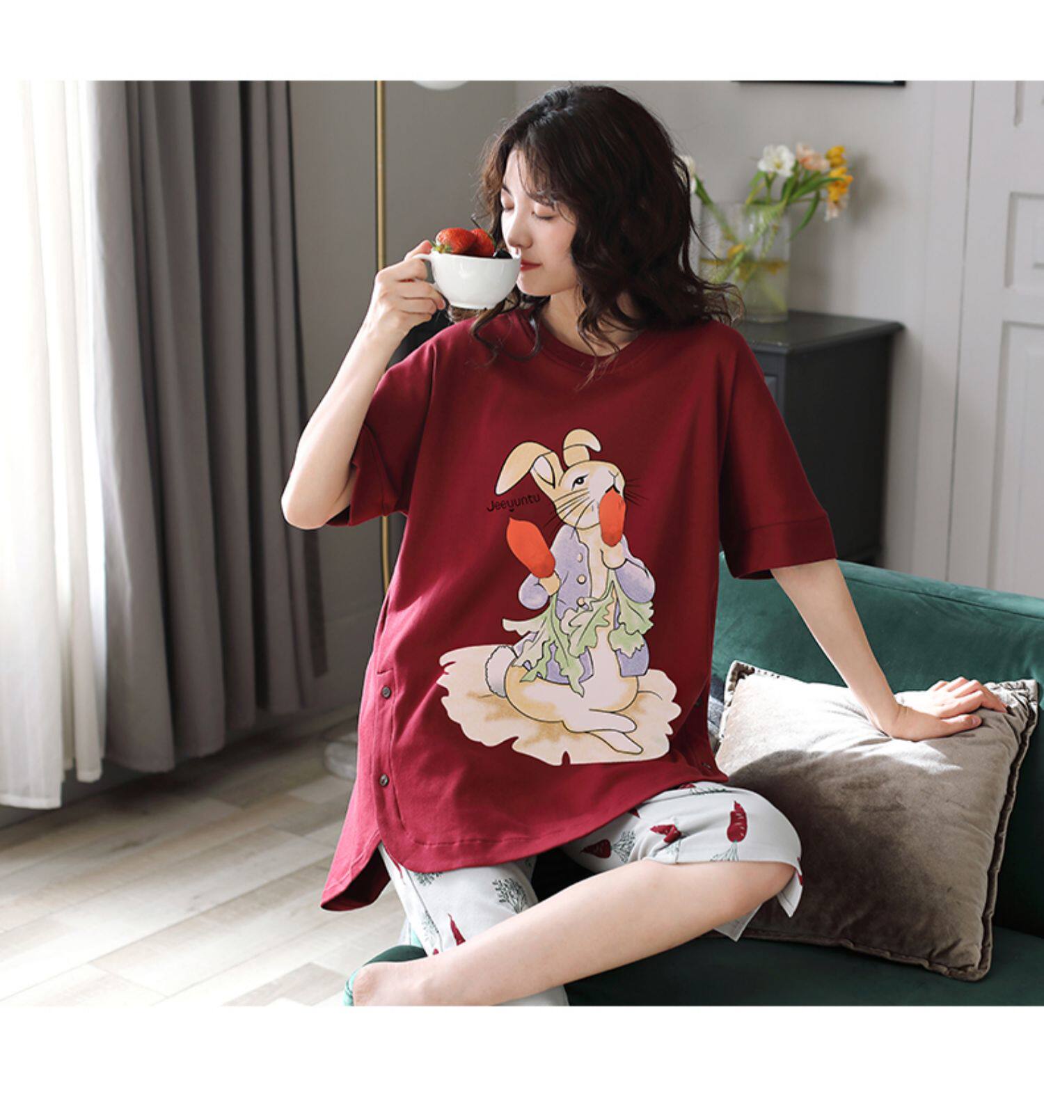 睡衣女夏纯棉短袖七分裤长款套装胖mm大码200斤夏季家居服薄款