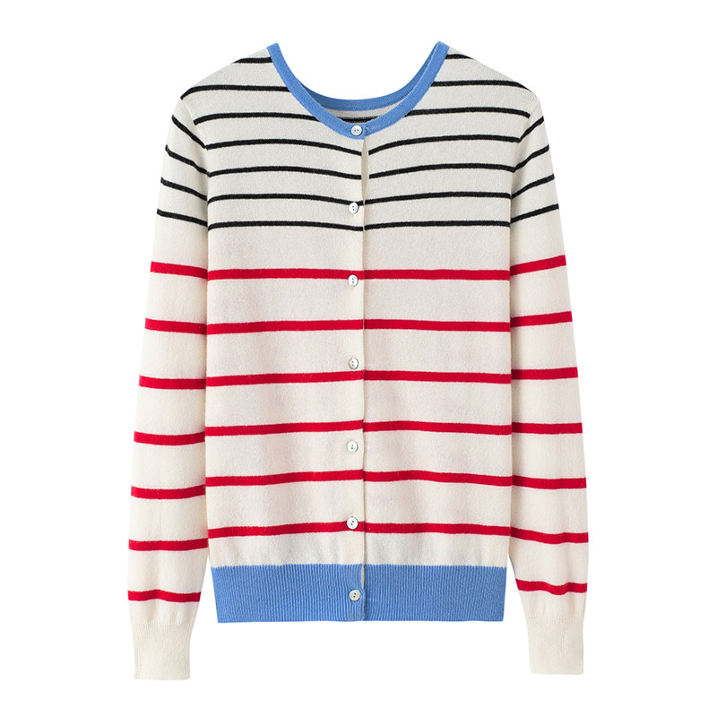 阿绒源100%羊绒夹条女开衫圆领单排扣针织衫白色薄款配色外穿毛衣